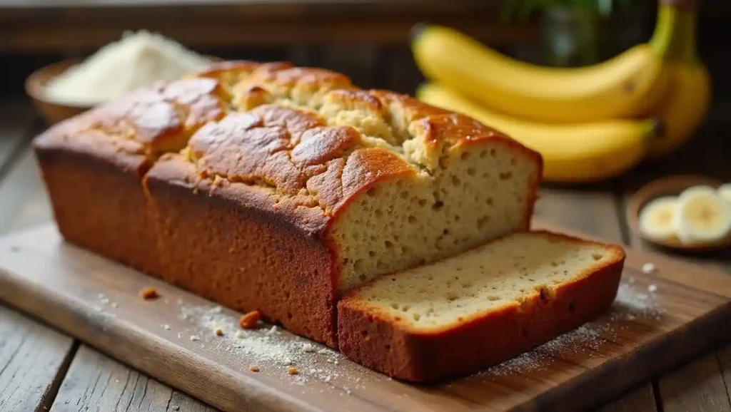 Loaf of 4 Ingredient Banana Bread on a wooden table