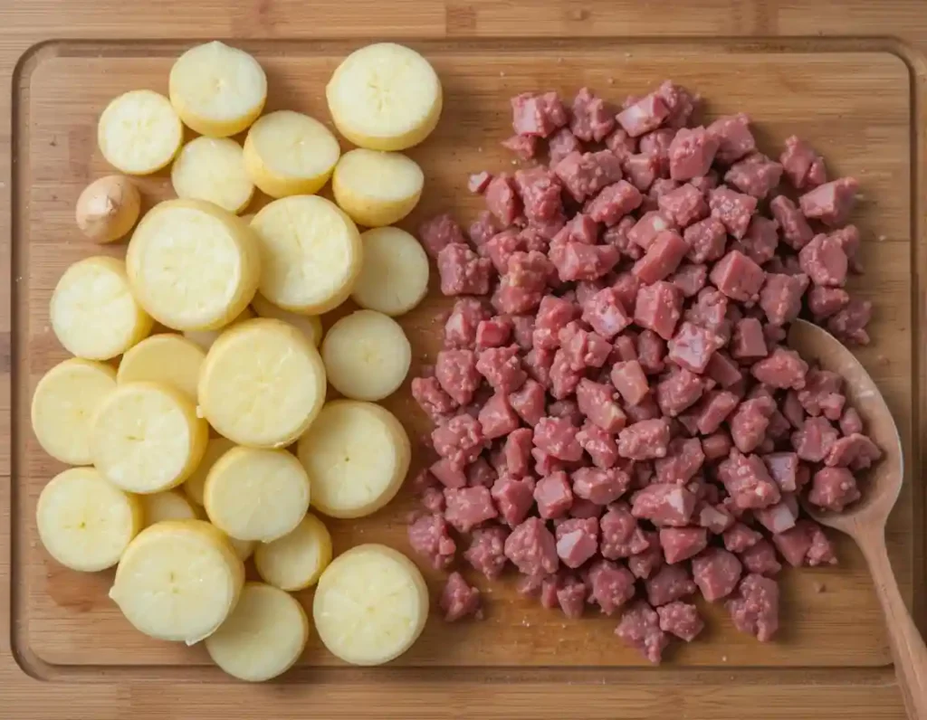 Yukon Gold potatoes and ground beef on a cutting board
