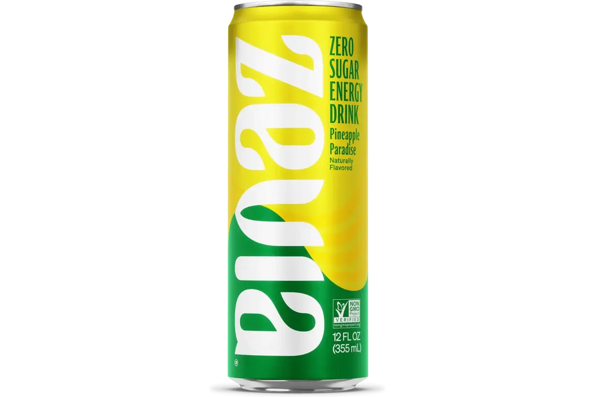 Zevia Energy Drink can on a kitchen counter with natural ingredients.