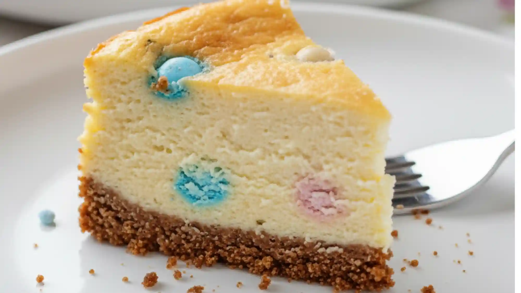 Slice of Mini Egg Cheesecake on a fork, highlighting its creamy filling and biscuit base.
