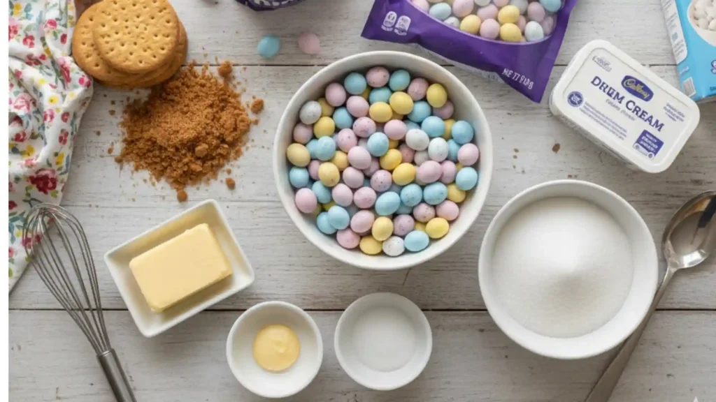 Ingredients for Mini Egg Cheesecake including Cadbury Mini Eggs, digestive biscuits, cream cheese, and butter.