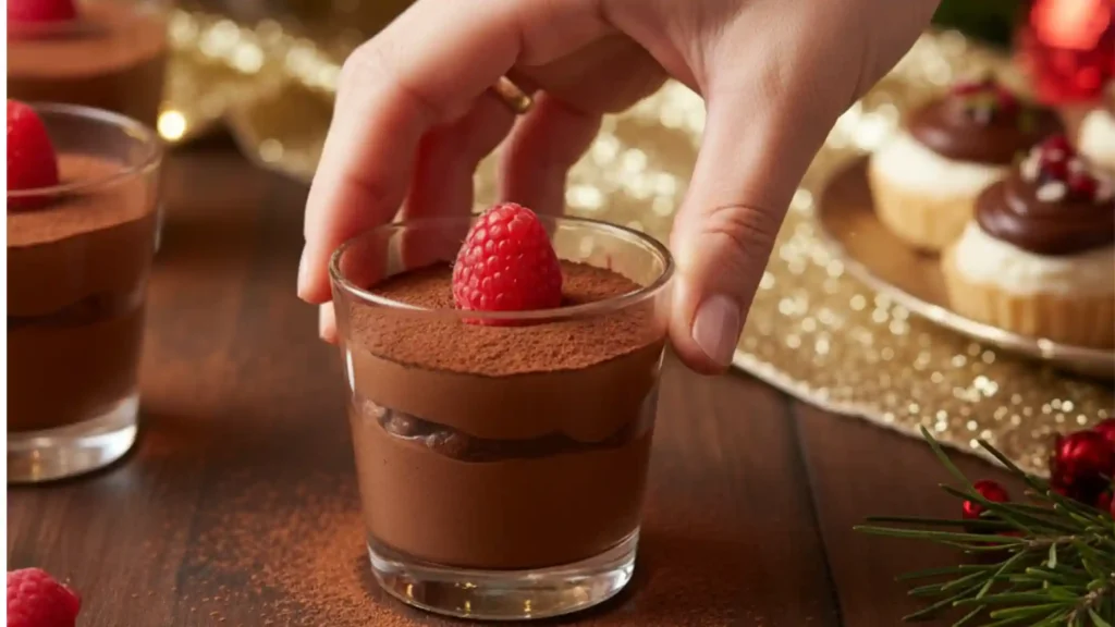 A dynamic, close-up shot of a hand reaching for a clear glass cup filled with rich, layered chocolate mousse. The mousse is dusted with cocoa powder and topped with a single red raspberry. The background is a warm, festive scene with soft holiday lights, a decorated Christmas tree, and other desserts on a gold-themed dessert table.
