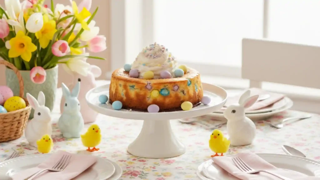 Festive table setting featuring Mini Egg Cheesecake and Easter decorations.